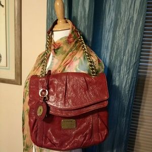 FOSSIL RED CHAIN LEATHER PURSE HANDBAG 11 x 11